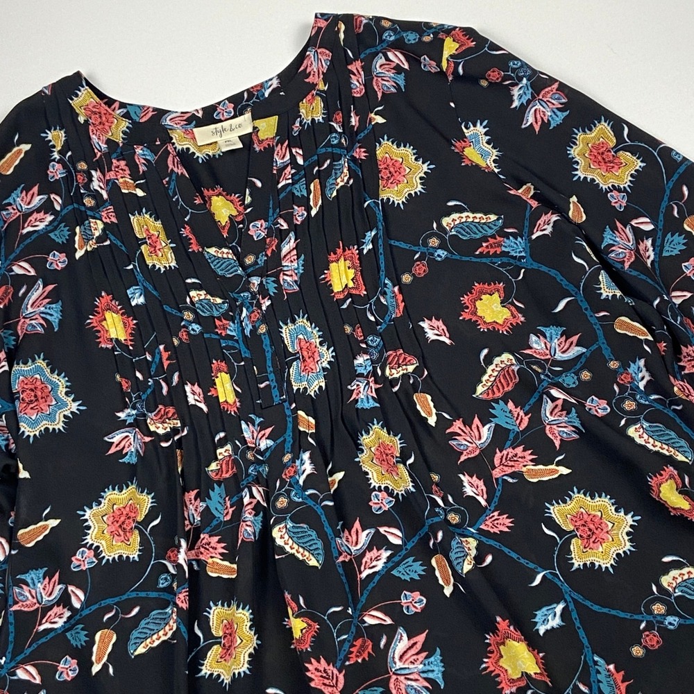 Style & Co Petite Floral Paisley Pintuck Bell Sleeve Blouse Petite XL Black Top